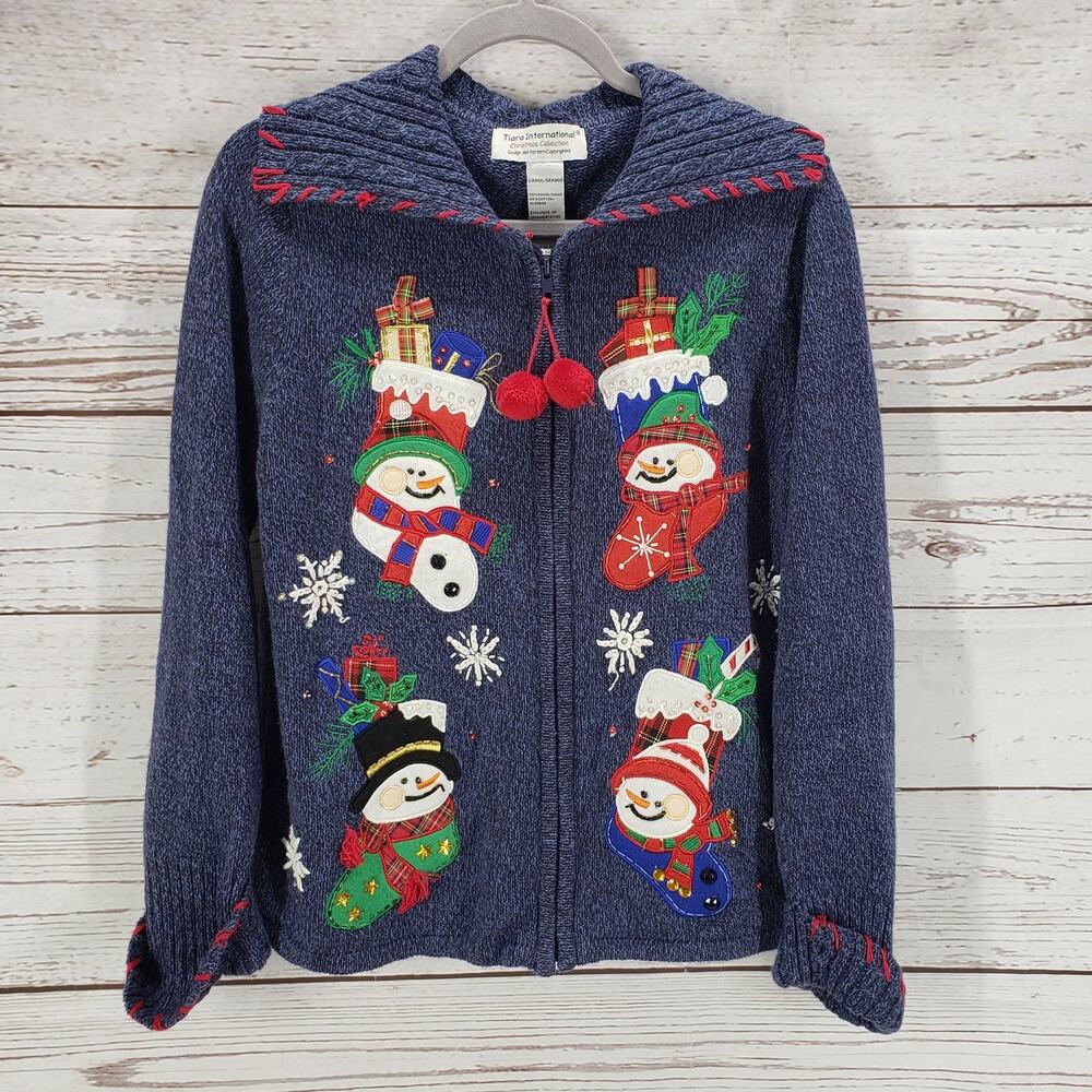 Tiara International Christmas Collection Blue Full Zip Sweater Size Large